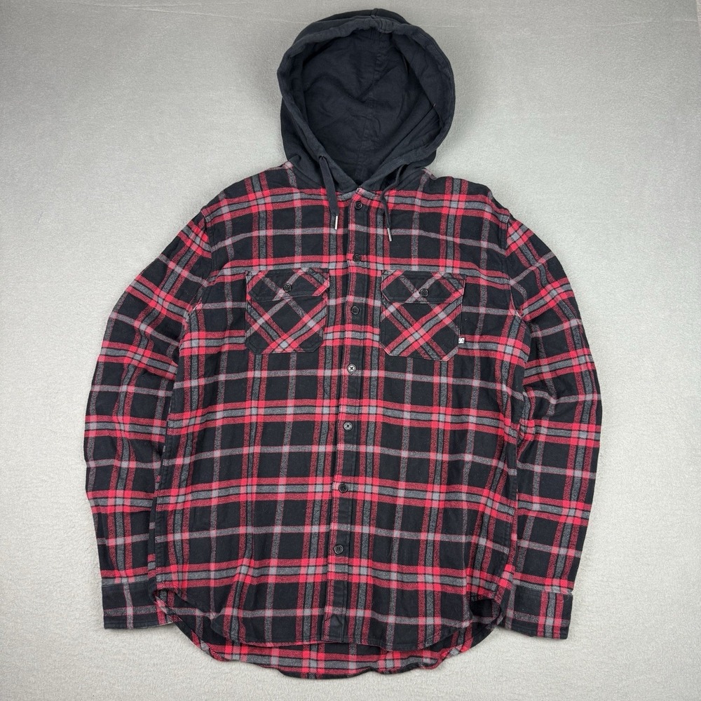 DC Shoes Plaid Flannel Shirt Jacket – Red/Black – Size Medium – Hoodie Hybrid‎